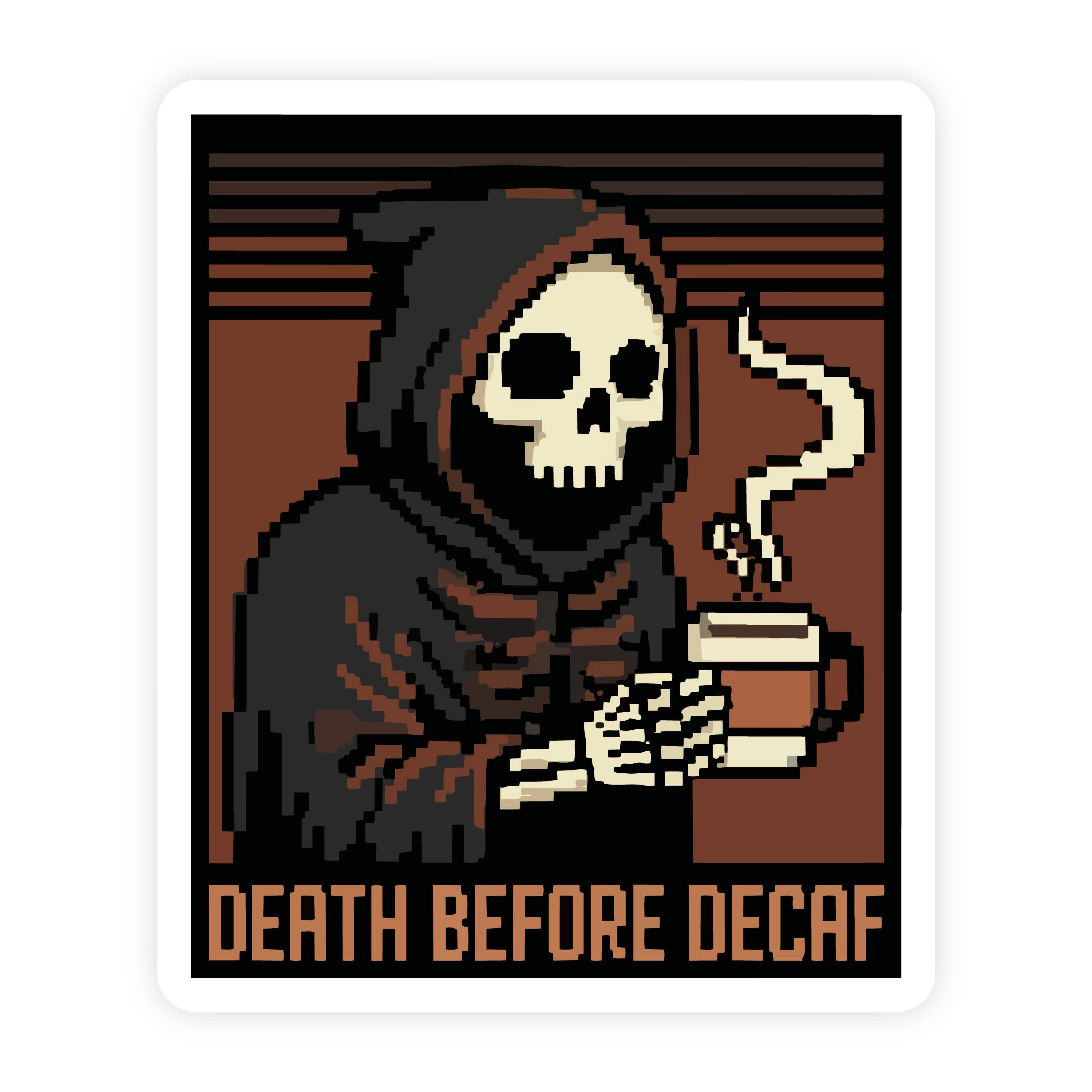 Death Before Decaf Retro Pixel Art Grim Reaper Sticker
