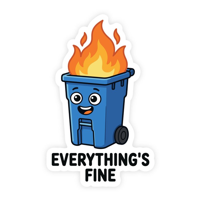 Everything's Fine Blue Trash Can Fire Sticker